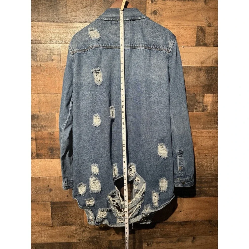 🔥American Bazi Casual Stylish Long Distressed Denim Jean Jacket 3x Boho Y2K